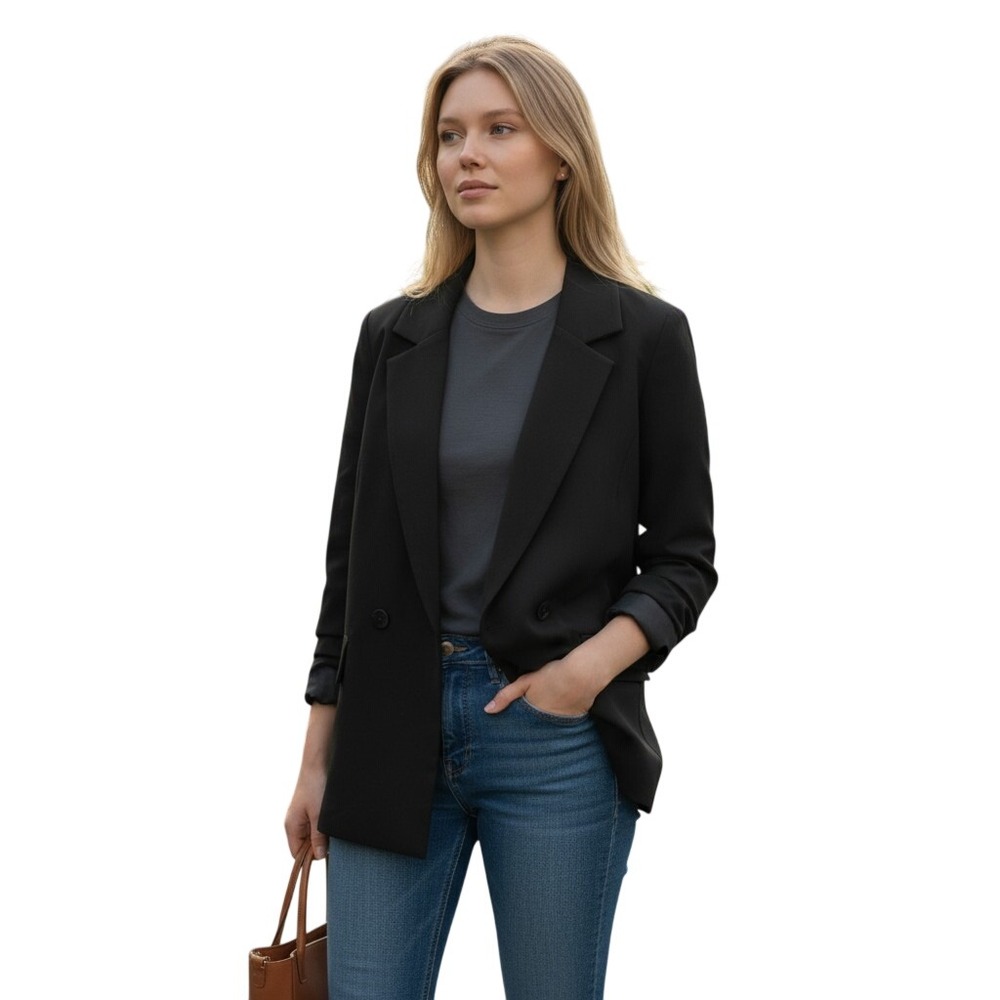 BBJ Los Angeles Womens Black Double Breasted Blazer Jacket Size L JK24556Z